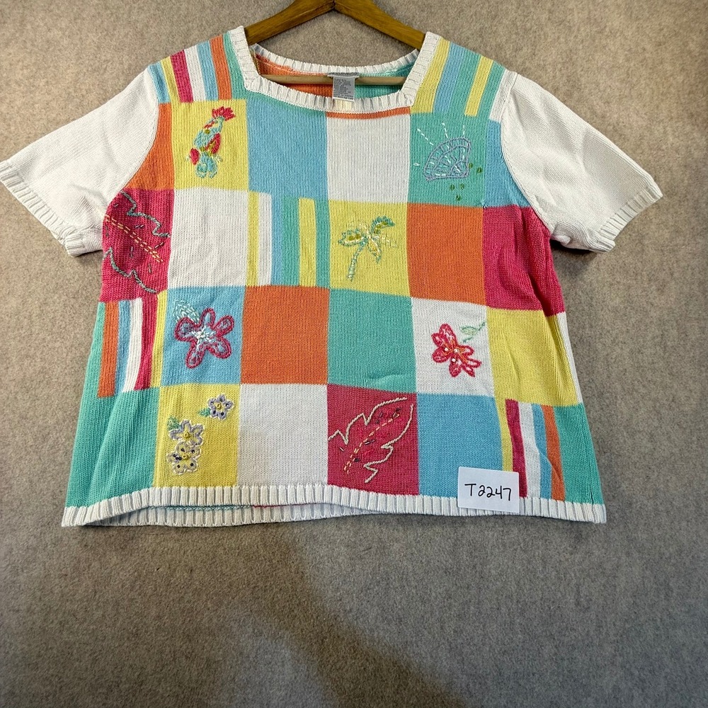 Koret Francisca Vintage Patchwork Knit Sweater Short Sleeve Embroidered Beaded M